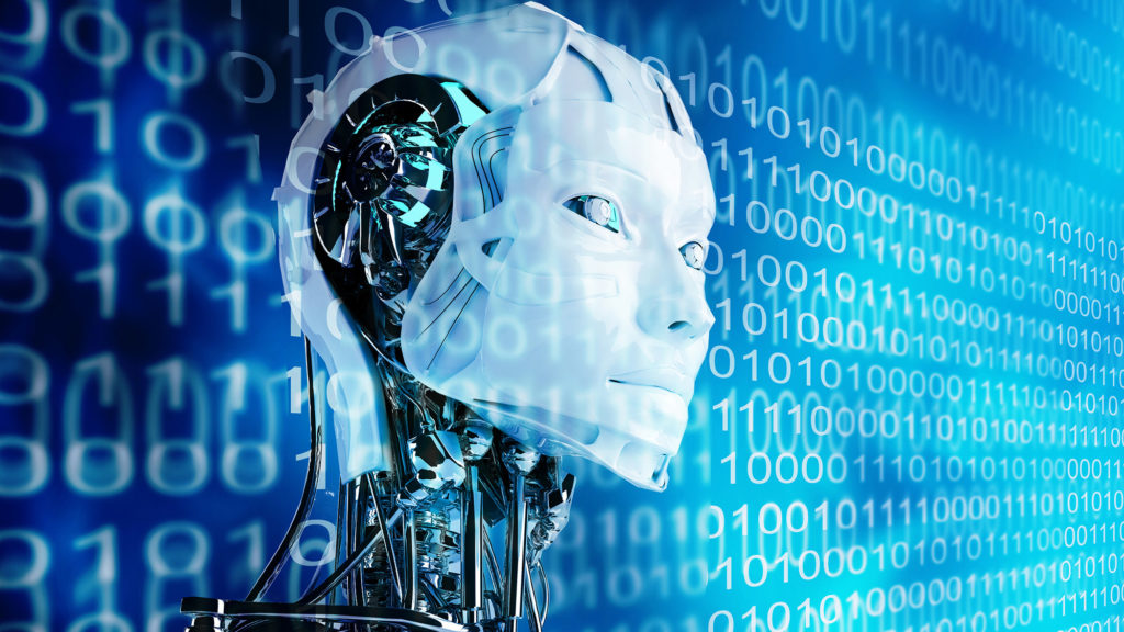 CGI rendered figure showing a robotic head with human features over a background fulfilled with repeating 1 and 0